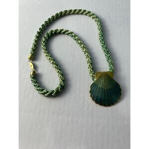 VTG SG Aqua Blue Cloissone Enamel Scalloped Seashell Pendant Necklace